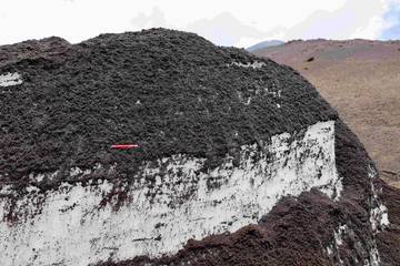 Nezpevněný sopečný materiál (tefra) současných erupcí Etny překrývající sněhové pole pod vrcholovými partiemi Etny. Foto: Lukáš Krmíček